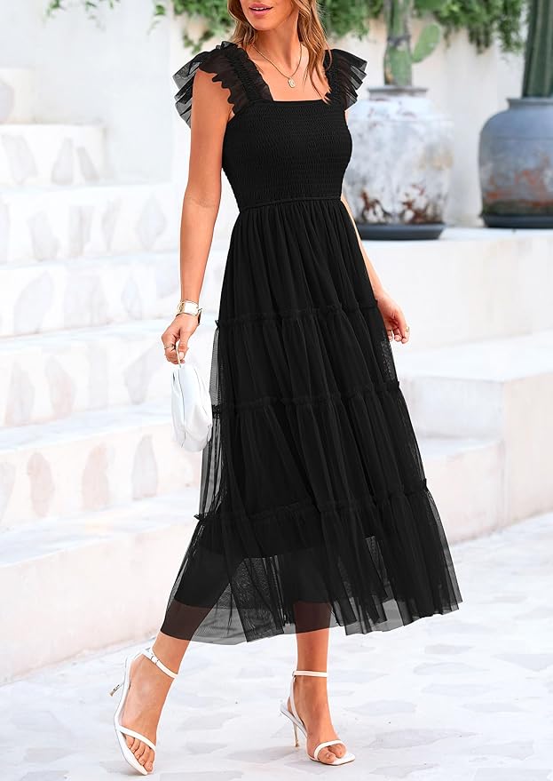 PRETTYGARDEN Women's Summer Tulle Midi Dress Sleeveless Smocked Ruffle Flowy Mesh Dresses Party Wedding Guest Sundress