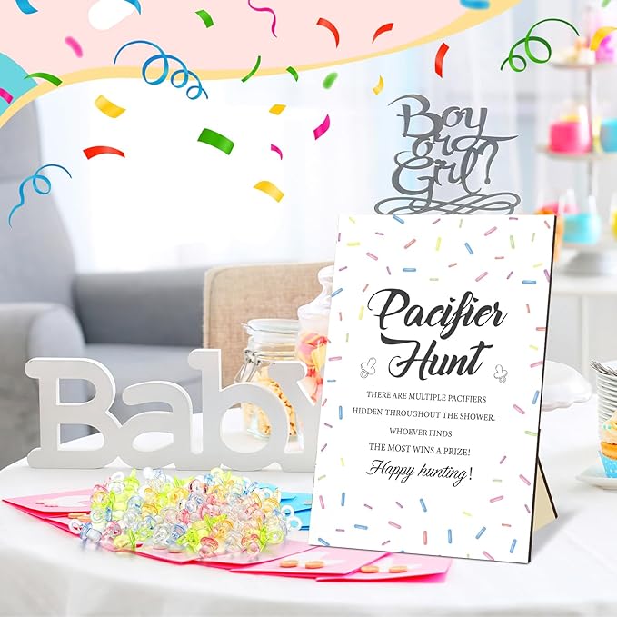 Thyle 51 Pcs Confetti Sprinkle Baby Shower Games It's a Baby Sprinkle Party Decoration Pacifier Hunt Sign and 50 Acrylic Pacifiers Rainbow Confetti Sweet Donut Gender Reveal Party Decor