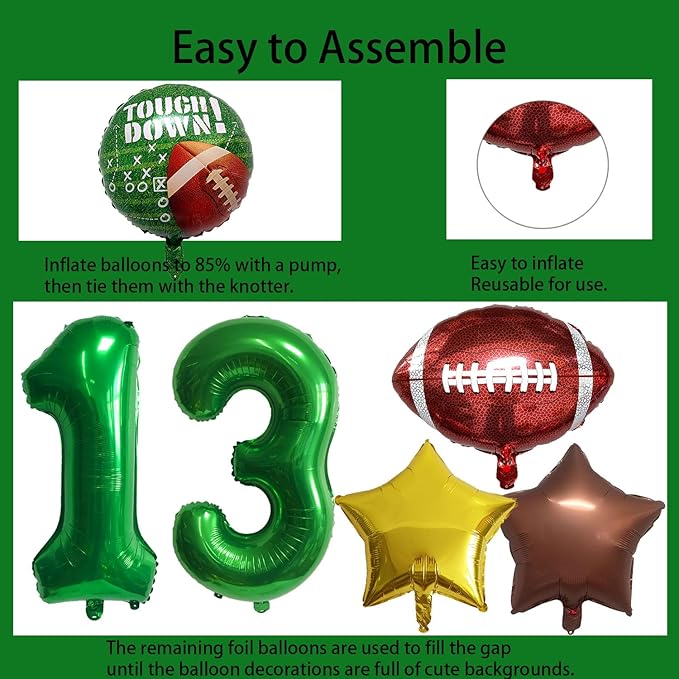 Football Birthday Decorations - 13th Birthday Balloon Rugby Gold Brown Star Rugby Field Touchdown Sports Theme Party Supplies - 10Pcs