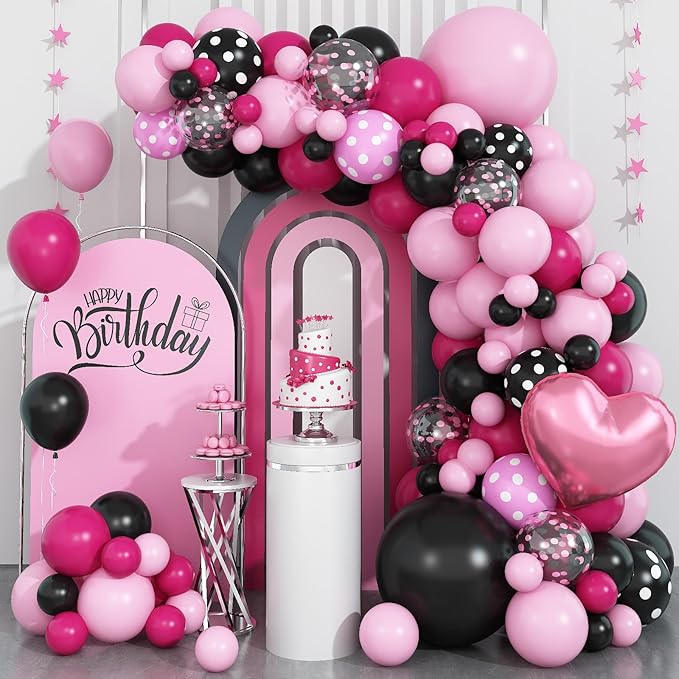 Pink Black Balloon Arch Kit, Pastel Hot Pink Black Dot Balloons Garland with Bow Heart Foil Balloons for Girls Kids Birthday Baby Shower Wedding Party Decor