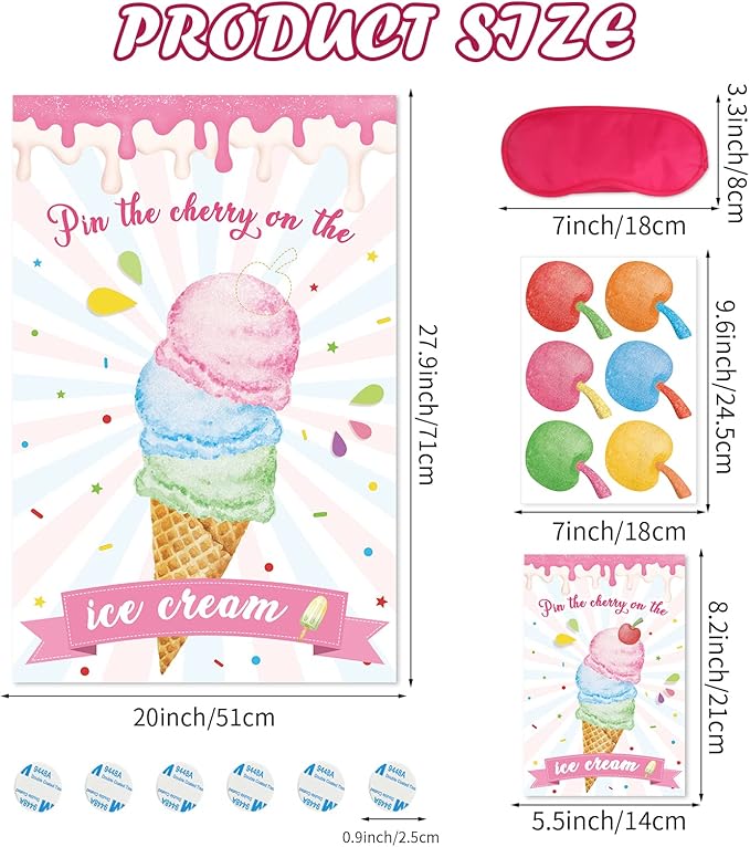 Hooqict Pin The Cherry On The Ice Cream Game Birthday Party Games for Kids Ice Cream Theme Party Decorations Supplies for Girls, Large Ice Cream Poster with 36 Cherry Stickers Wall Decor