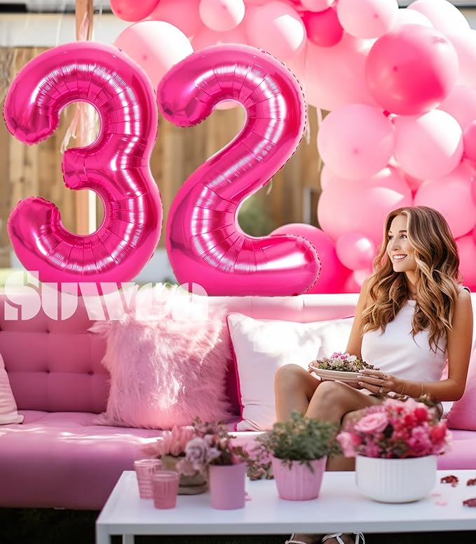 SUWEN 40 Inch Large Hot Pink 32 Balloon Numbers Big Foil Helium Number Balloons 0-9 Jumbo Happy 32nd Mylar Birthday Party Decorations for Women 23 Anniversary Party Supplies