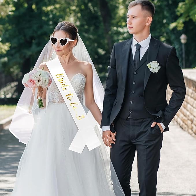 Bride to Be Set: Pearl-Trimmed Heart Sunglasses, Pearl BRIDE Sash & Tulle Veil - Bachelorette Party Bridal Accessories