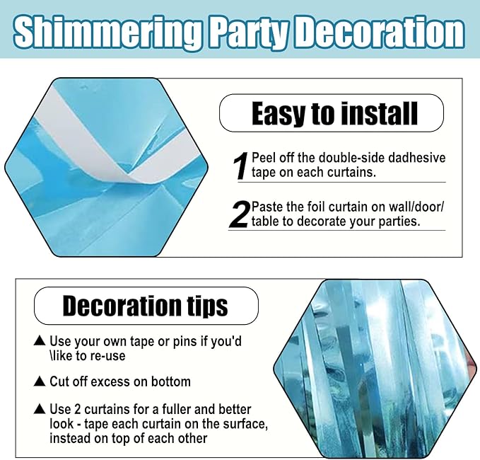 3 Pack Light Blue Foil Fringe Curtain Backdrop, 3.28Ft x 6.6Ft Metallic Tinsel Foil Fringe Streamer Curtains for Photo Booth, Christmas Day, Thanksgiving, Wedding, New Year Party Decorations