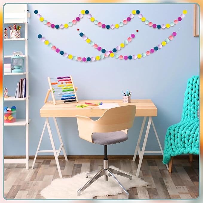 Boao 2 Pieces Wool Felt Ball Garland Colorful Pom Pom Garland Handmade 6.5 Feet Long 24 Balls Felt Banner for Wall Christmas Tree Decoration (Macaron Color)