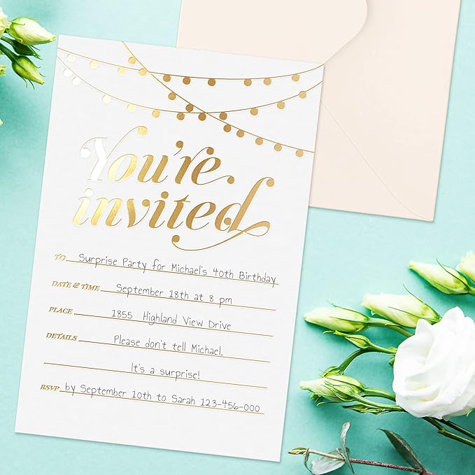 S&O Party Invitations! 25 Gold Foil Traditional Invitations with Envelopes, Wedding, Baby, & Bridal Shower Invite, Housewarming Birthday, and Girls Quinceanera Invite Cards for Every Celebration - 4x6