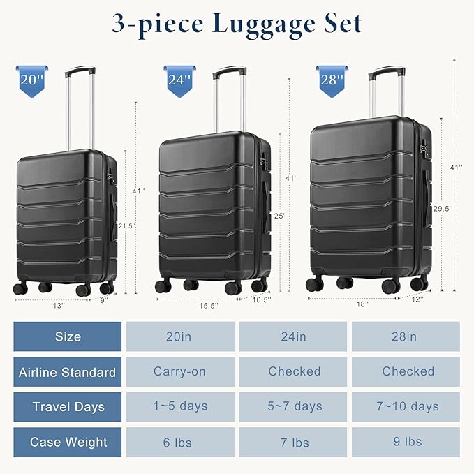 NEWBULIG 24 Inch Carry on Luggage, Lightweight Expandable Rolling Suit Case with TSA Lock, Hard Shell ABS Suitcase with Double Spinner Wheels, Black