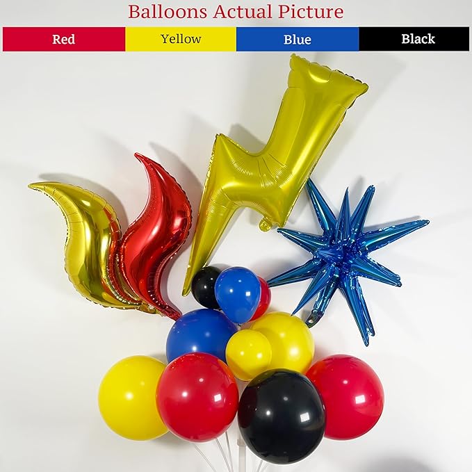 148PCS Red Blue Yellow Balloon Arch Garland Kit with Black Fire Flash Lightning Star Balloons for Cartoon Theme Party Supplies, Boys Birthday Decorations, Gaming or Superhero Style