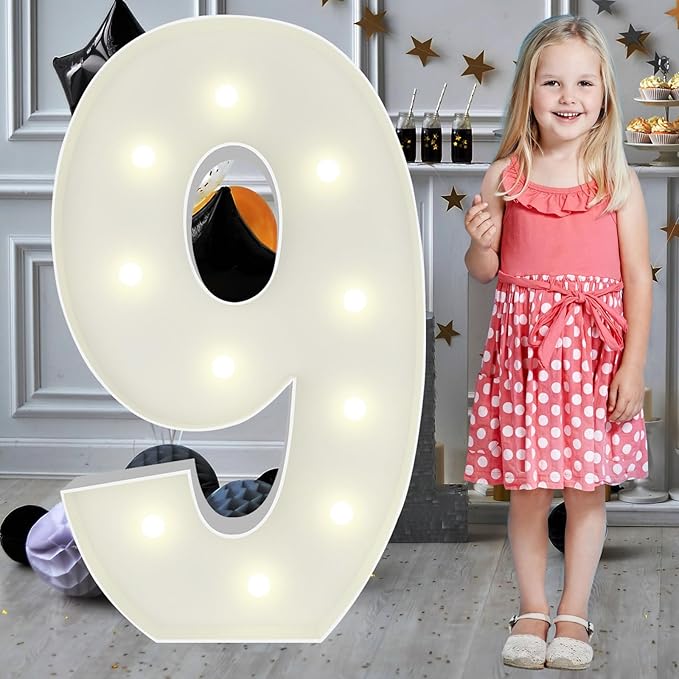3FT Marquee Light Up Numbers Pre-Cut Frame Giant Marquee Numbers 9, Mosaic Numbers for Balloons, 19th 29th 90 Birthday Decorations for Women Men, 90th Anniversary Decorations, Party Decor