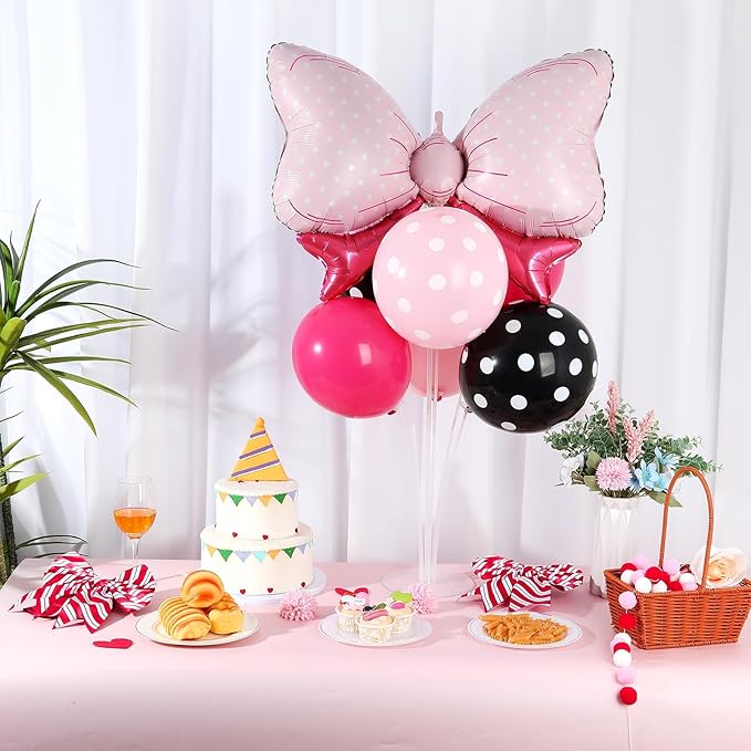 Pink Mouse Party Balloons Stand Kit 2 Sets with 2 Bow Foil Balloons Cartoon Mouse Themed Party Centerpiece for Table Pink and Black Bow Girls Women Gender Reveal Baby Shower Birthday Party Decoration