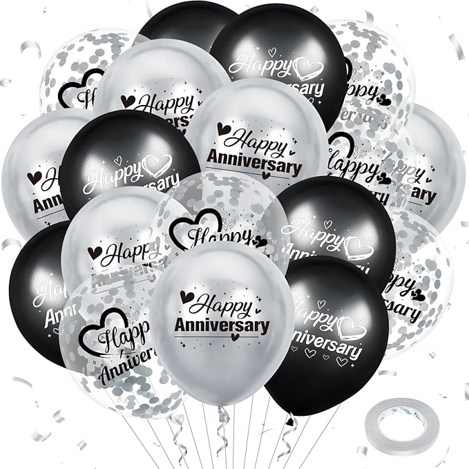 Happy Anniversary Balloons 18Pcs Black Silver Party Decorations for Women Men 12Inch Metallic Confetti Balloons for Indoor Outdoor Party Supplies