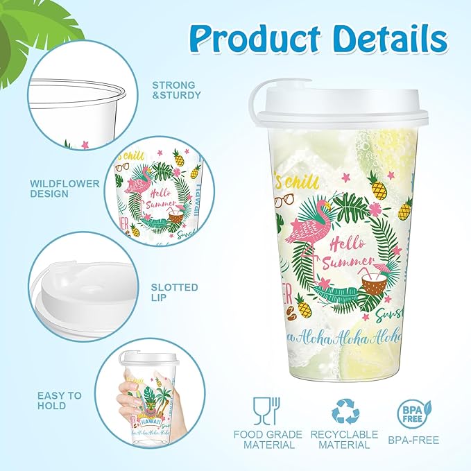 50 Pcs Hawaiian Luau Party Cups 16 oz Summer Disposable Plastic Cups with Lids, Tropical Floral Hibiscus Palm Tree Flamingo Tiki Drinking Cups for Hawaii Beach Pool Birthday Party Drinkware Supplies