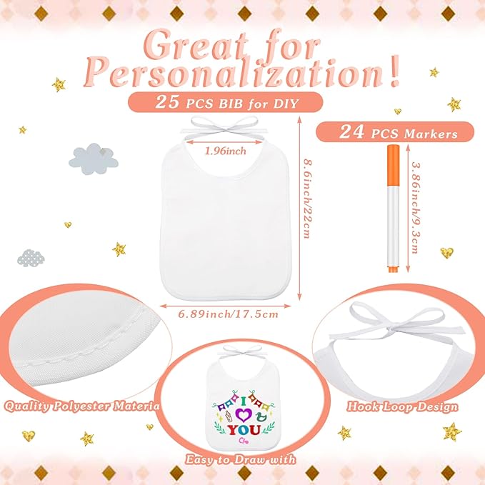 50 Pcs Baby Shower Game White Bib Kit Include 1 Wooden Baby Shower Game Sign 25 DIY Blank White Bibs 24 Colorful Markers(Boho)