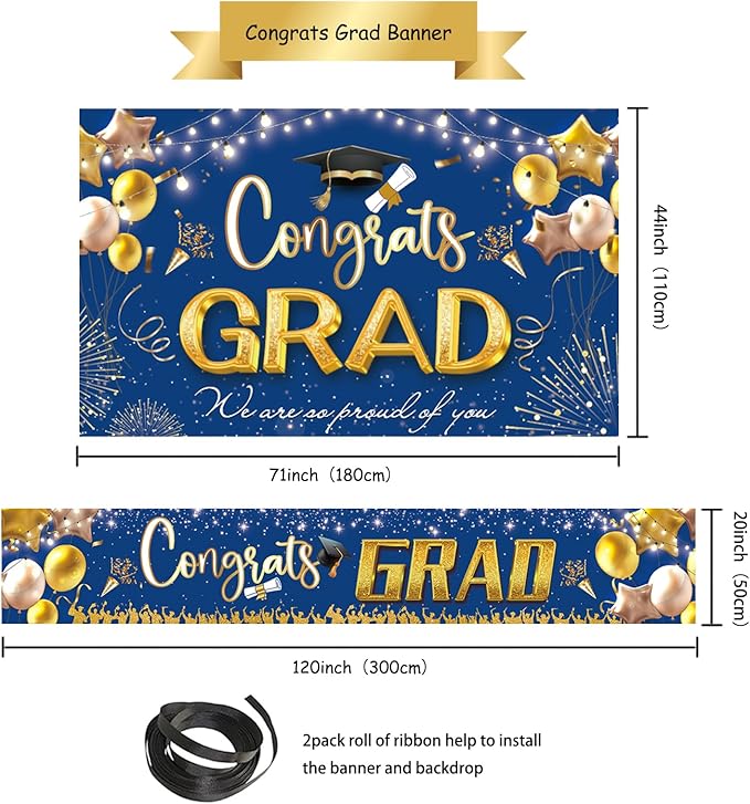 Large Banner and Backdrop for Party, Yard, Garden – Party Supplies for Indoor/Outdoor (Graduation Blue)
