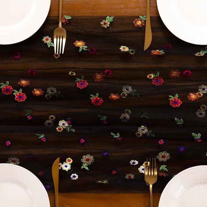 Socomi Black Embroidery Daisy Spring Easter Floral Wildflower Tulle Gauze CheeseclothTable Runners for Wedding Party Baby Shower Birthday Holiday Picnic Home Decor 1pc