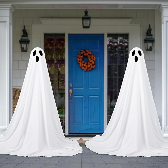 JOYIN 2 Pack 47'' Halloween Decorations Outdoor Light Up Ghost with Timer, Standing Ghost Halloween Decor with Warm String Light for Yard Porch Lawn Garden Party Supplies