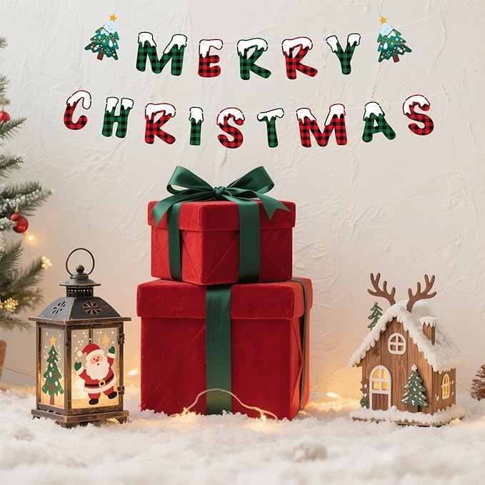 Merry Christmas Banner Indoor, Pre-Strung Mantle Christmas Decor, Buffalo Plaid Xmas Banner with Tree, Merry Xmas Sign for Winter New Year Party Fireplace Hanging Sign Supplies