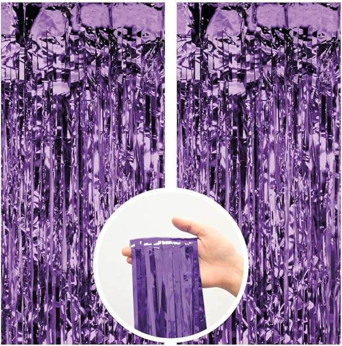 Pack of 2 Purple Foil Fringe Curtains – Purple Tinsel Backdrop for Photo Booth, Birthday, Wedding, Baby Shower, Bachelorette, Christmas & Holiday Party Decorations