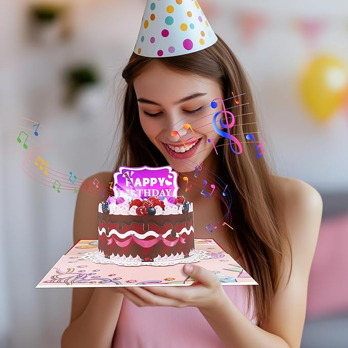 Strawberry Round Cake Music Playing Pop Up Happy Birthday Greeting Card with LED Light, Love Gift for Adult and Kid with Blank Note & Envelope, Celebration for Daughter, Son, Mom, Dad