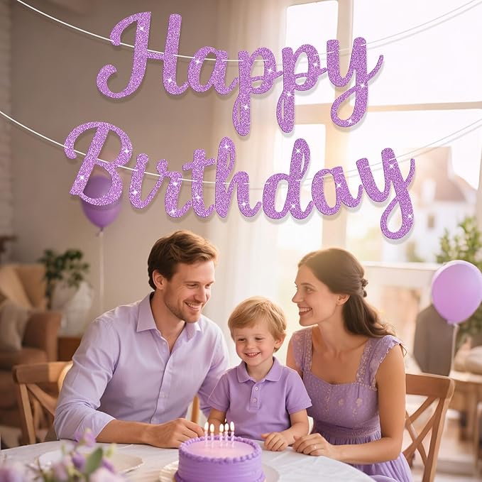 Glitter Happy Birthday Banner Sign Birthday Garland Wall Door Banners Flag for Women Men Boys Girls Party Backdrop Decorations Light Purple