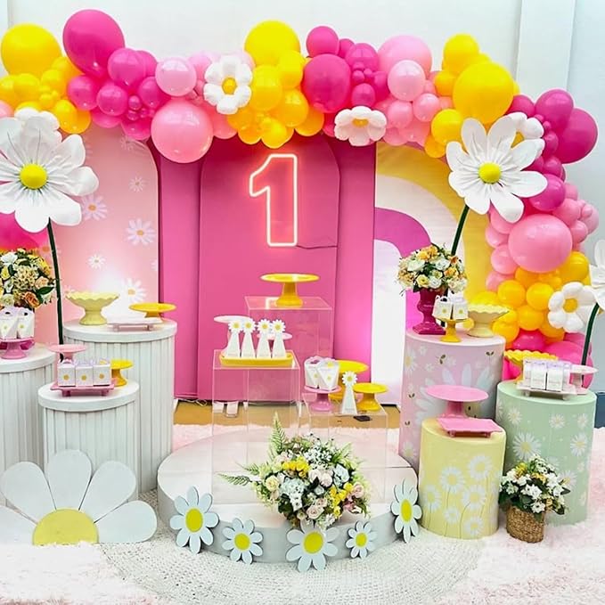 Yellow Pink Balloon Garland, Daisy Balloon Arch with Metallic Gold Party Flower Balloons For Birthday Baby Shower Wedding Groovy Theme Decorations