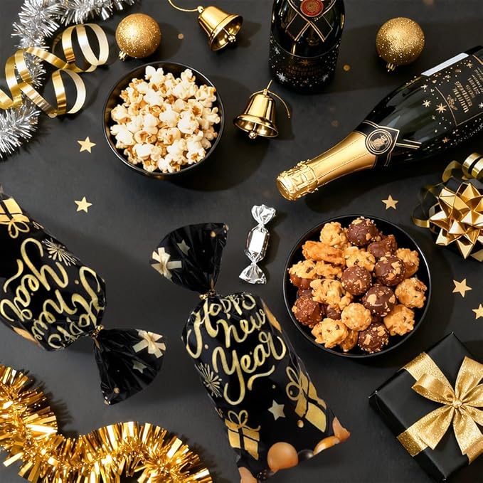 Happy New Year Cellophane Treat Bags, 100 PCS Candy Goodie Gift Bags for New Years Eve Party Favors, Black Gold Plastic Cookie Snack Bag with Twist Ties for 2026 NYE Party Holiday Decorations Supplies