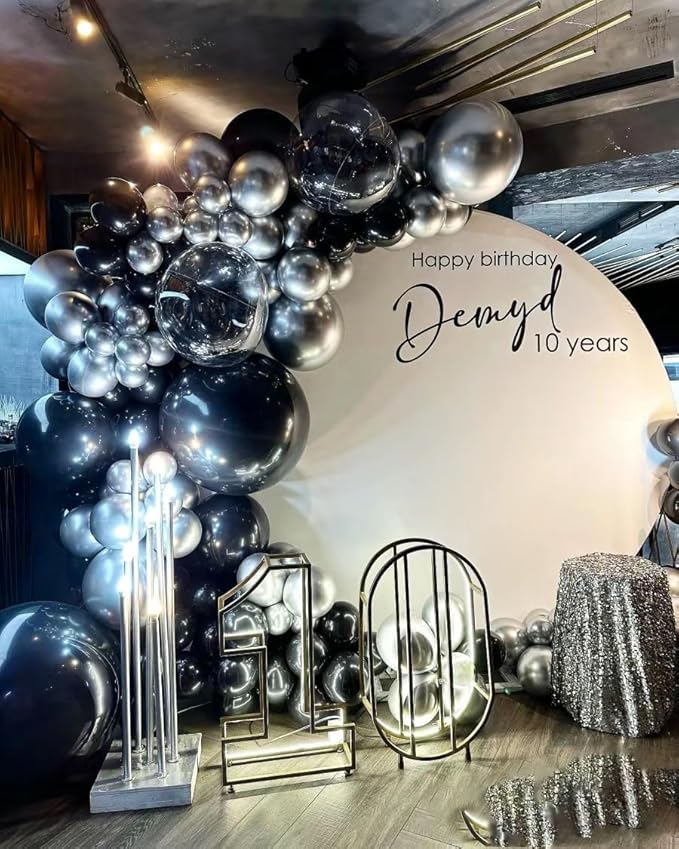 Black Silver Balloons Garland Arch Kit, 146Pcs Latex Balloons Different Sizes 18 12 10 5 Inch for Party Decorations, Wedding Backdrop, Birthday, Graduation