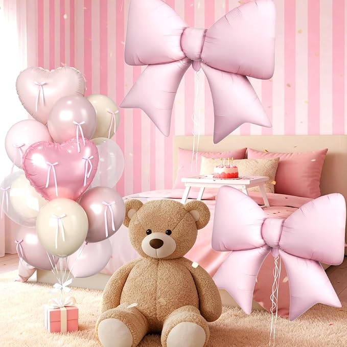 16Pcs Pink Heart Balloons, 38 Inch Bow Balloons, Double Stuffed Pearl Pink Clear Balloon and Bow Heart Shaped Foil Balloon for Girls Birthday Wedding Bridal Baby Shower Valentines Day Decorations