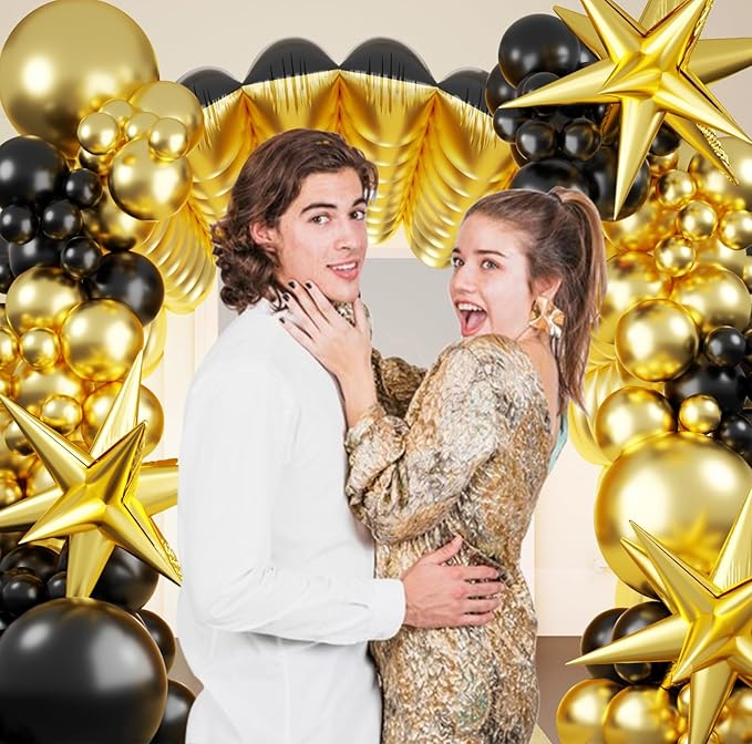 Black and Gold Checkered Square Foil Balloons Backdrop Wall, Double Sided Tunnel with Gold Black Balloon Arch Garland Kit for Birthday Graduation New Year Graduation Party Decoration