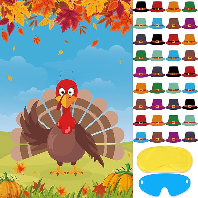 Hooqict Thanksgiving Games for Kids Party Pin The Hat on The Turkey Games Thanksgiving Activities Fall Autumn Party Decorations, Large Pin The Tail Game Poster with 36 Hat Stickers