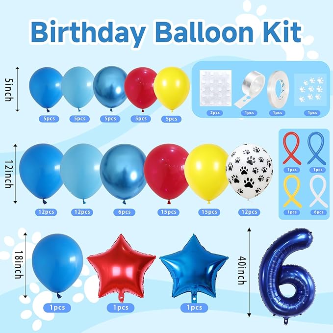 6th Birthday Decorations Boy, Dog Paw Six Years Old Party Arch with Red Blue Yellow Long Latex Balloons 40 inch Number 6 Balloon and Star Foil for Paw Birthday Party Supplies