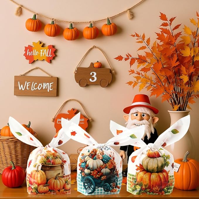 ldyllicStyle Thanksgiving Fall Treat Bags, 100 PCS Goodie Candy Snacks Gift Rabbit Ear Bag, Plastic Goody Snacks Bag for Thanksgiving Autumn Fall Harvest Holiday Party Favors Decoration Supplies White