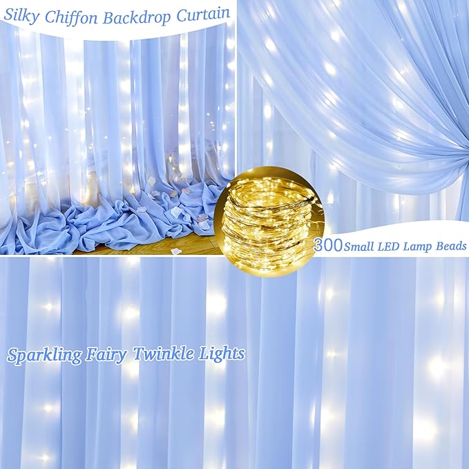 10x10ft Baby Blue Chiffon Backdrop Curtain with Lights String for Wedding Sheer Tulle Curtain Photo Backdrops Drapes for Baby Shower Birthday Party Home Ceremony Decorations