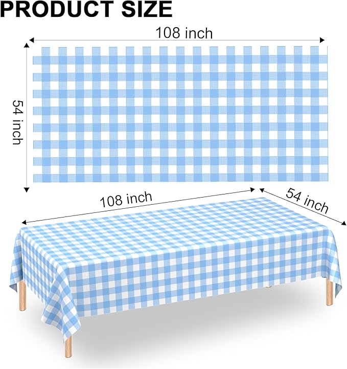6 Pack Light Blue Gingham Tablecloth Rectangular Pale Blue and White Checkered Tablecloths Disposable Plastic Plaid Table Cover for Parties, Outdoor Picnic, Birthday, Wedding, Camping 54 × 108 Inch
