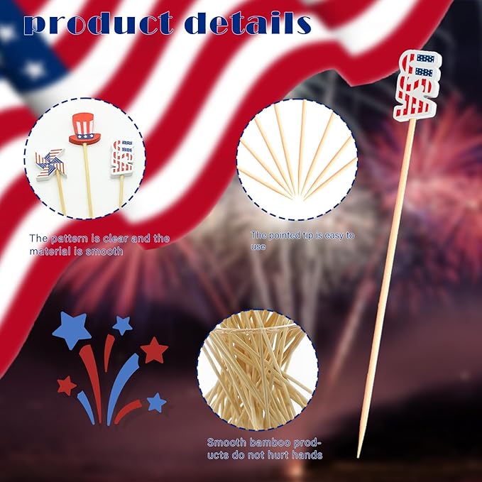 100pcs Patriotic Cocktail Picks Red White Blue 4th of July Decor Toothpicks Stick Skewer for Appetizer Charcuterie Accessories Fourth July Independence Memorial Veterans Election Day Party Decorations