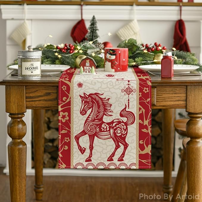 Artoid Mode Paper Cutting Style Chinese Zodiac Horse Happy 2026 Lunar New Year Table Runner, Spring Festival Winter Kitchen Dining Table Decoration for Home Party 13x36 Inch