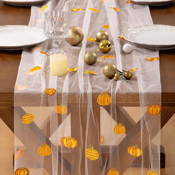 Socomi Falll Thanksgiving Table Runner Pumpkin Leaf Tulle Gauze Cheesecloth Embroidery Sheer Table Runners for Wedding Party Baby Shower Birthday Holiday Picnic Home Decor