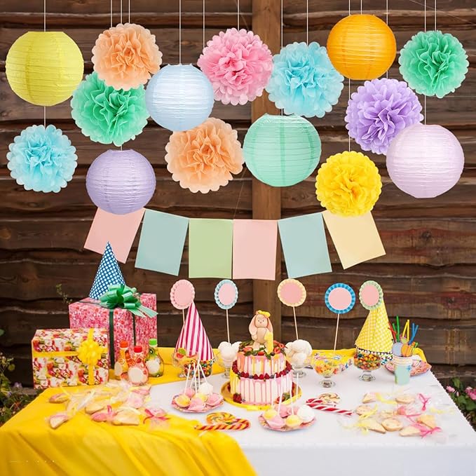zilue Pastel Party Decorations, Paper Lanterns and Pom Poms Flowers for Birthday Party Baby Shower Easter Decor Pack of 15 Pieces