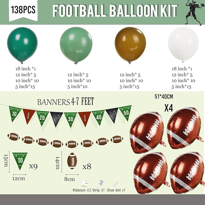 Football Party Decorations Kit 120PCS sage Green brown White Balloon Garland Arch with Football Banner Mylar Balloons for Sports Birthday Boys first year touch down party decorations