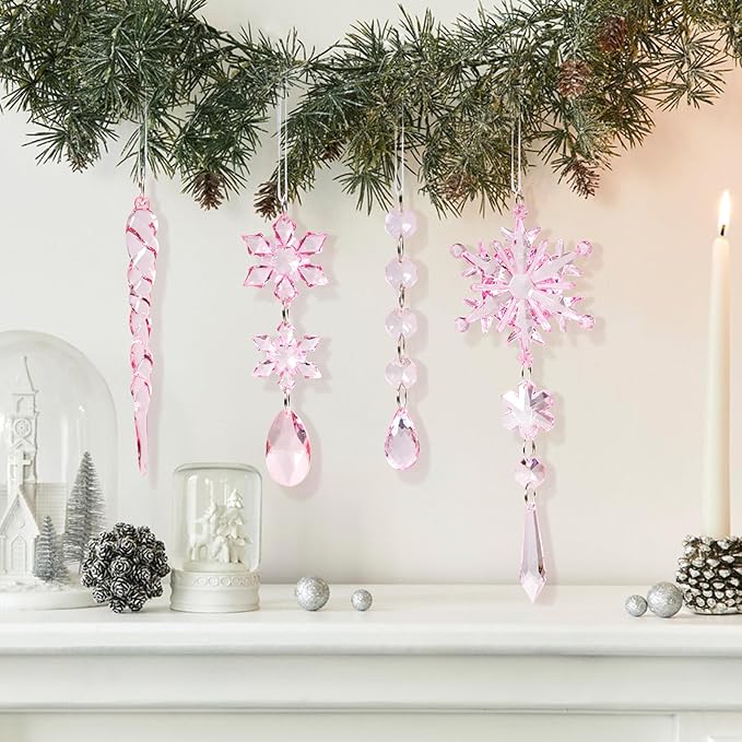 18pcs Crystal Christmas Ornaments for Christmas Tree Decorations-Light Pink Hanging Acrylic Snowflake and Icicle Ornaments with Drop Pendants for New Year Party Decorations Supplies
