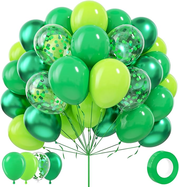 Green Balloons - 80 Pcs, 12 Inch Different Shades Lime Green, Chrome Metallic, Latex Balloons with Confetti for Jungle Safari, Forest Themed Birthday Party Decoration