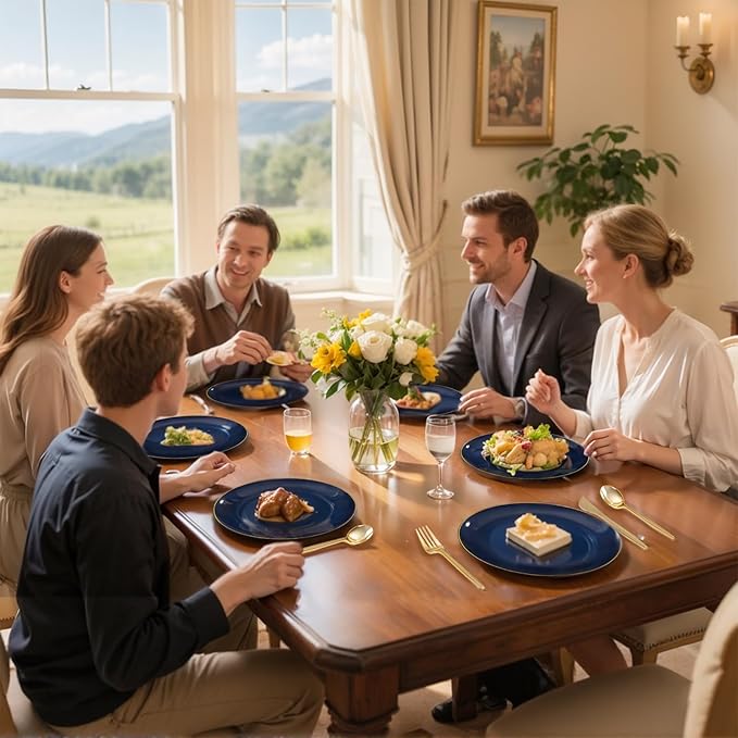 bUCLA 150PCS Blue and Gold Plastic Plates - 25 Guests Navy Blue Plastic Dinnerware Disposable for Party and Passover - Include 25 Dinner/Dessert Plates, 25 Knives, 25 Forks, 25 Spoons, 25 Cups