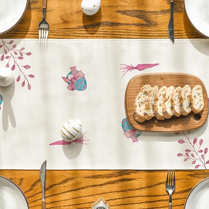 Artoid Mode Green Blue Pink Rabbit Bunny Happy Easter Table Runner, Seasonal Holiday Kitchen Dining Table Decoration for Home Party Decor 13 x 60 Inch
