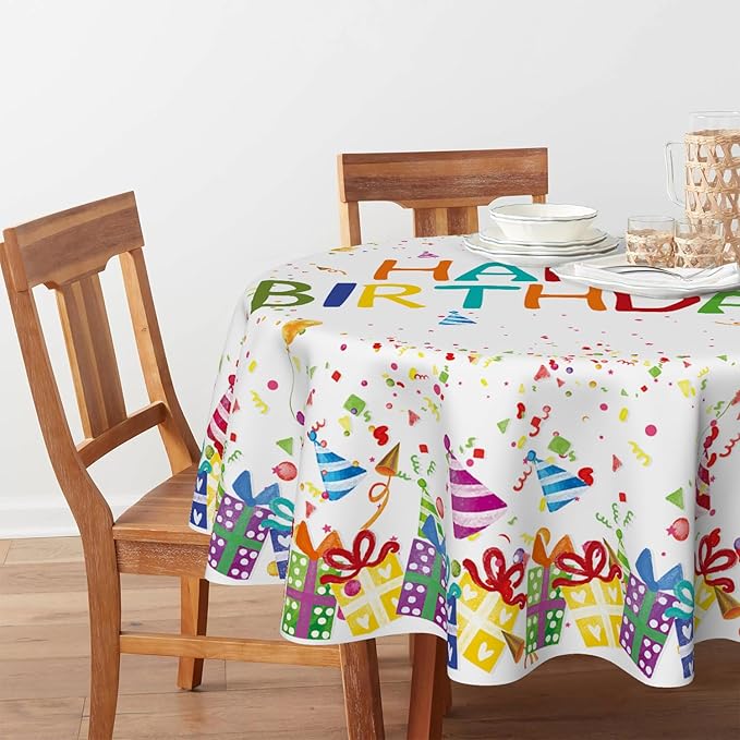 Horaldaily Birthday Tablecloth 60x60 Inch Round, Happy Birthday Ballon White Washable Seasonal Table Cover for Party Picnic Dinner Decor