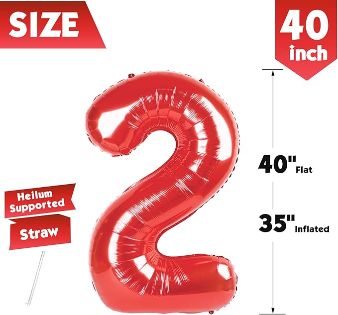 40 Inch Red Number 2 Balloon, Giant 2 Number Balloons for 2nd Birthday Decorations, Party Supplies for Baby Boy Girl, Red Party Decor
