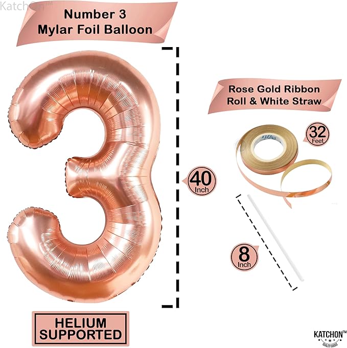 KatchOn, Large Rose Gold Number 3 Balloon - 40 Inch | Mylar Foil Balloon For 3rd Happy Birthday Decorations |Rose Gold Number 3 Balloon For 3rd Anniversary Decorations | Birthday Party Decoration