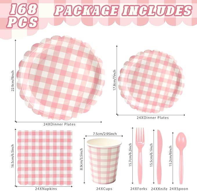 168PCS Party Plates, Pink Scalloped Gingham Paper Plates and Cups and Napkins Sets Party Supplies for Birthday Wedding Bridal Shower Baby Shower Picnic, Serve for 24 Guests, Pink