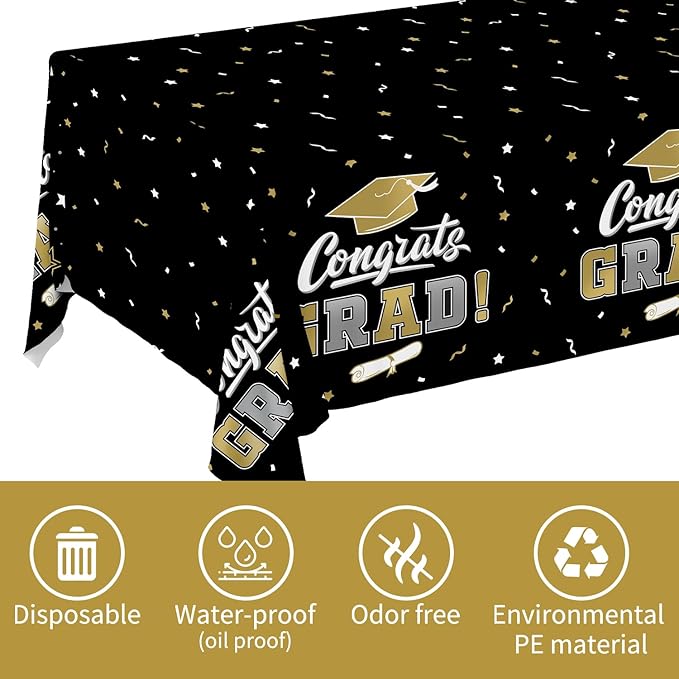 Gatherfun Graduation Decorations, Gongrats Grad Tablecover for Graduation Party Supplies, 3 pcs Class of 2026 Table Cloths, 54"x108" (Black and Gold) ﻿