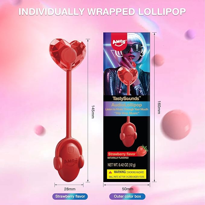 Amos Music Lollipop Candy, Audio Singing Lollipop, Unique Gift for Friends, Individually Wrapped Natural Strawberry Flavor - Pack of 1