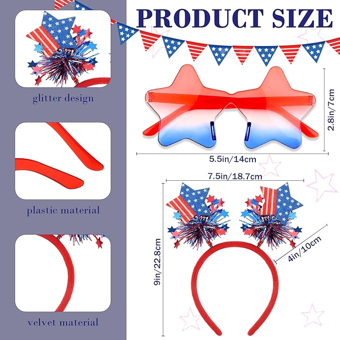 Semato 2 PCS Patriotic Party Accessories 4th of July Headband and Red White Blue Star Sunglasses